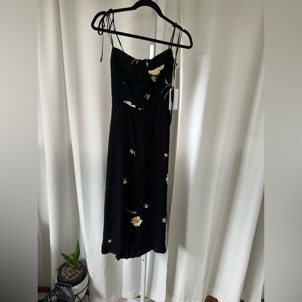 Reformation Black Midi Slip Dress with Cream Floral Print